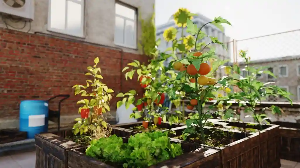 Garden boxes with vegetables growing in them