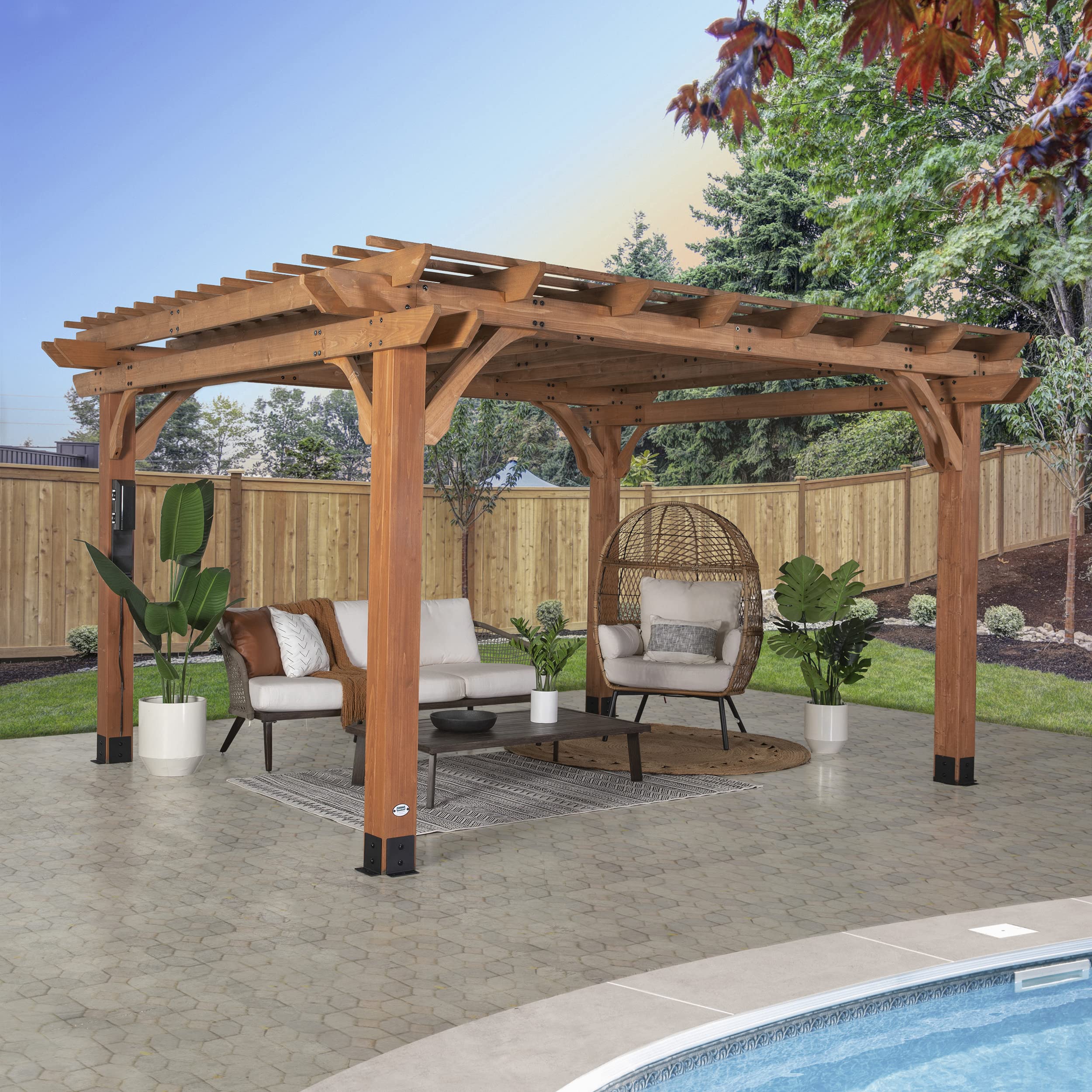 Wooden pergola next to pool